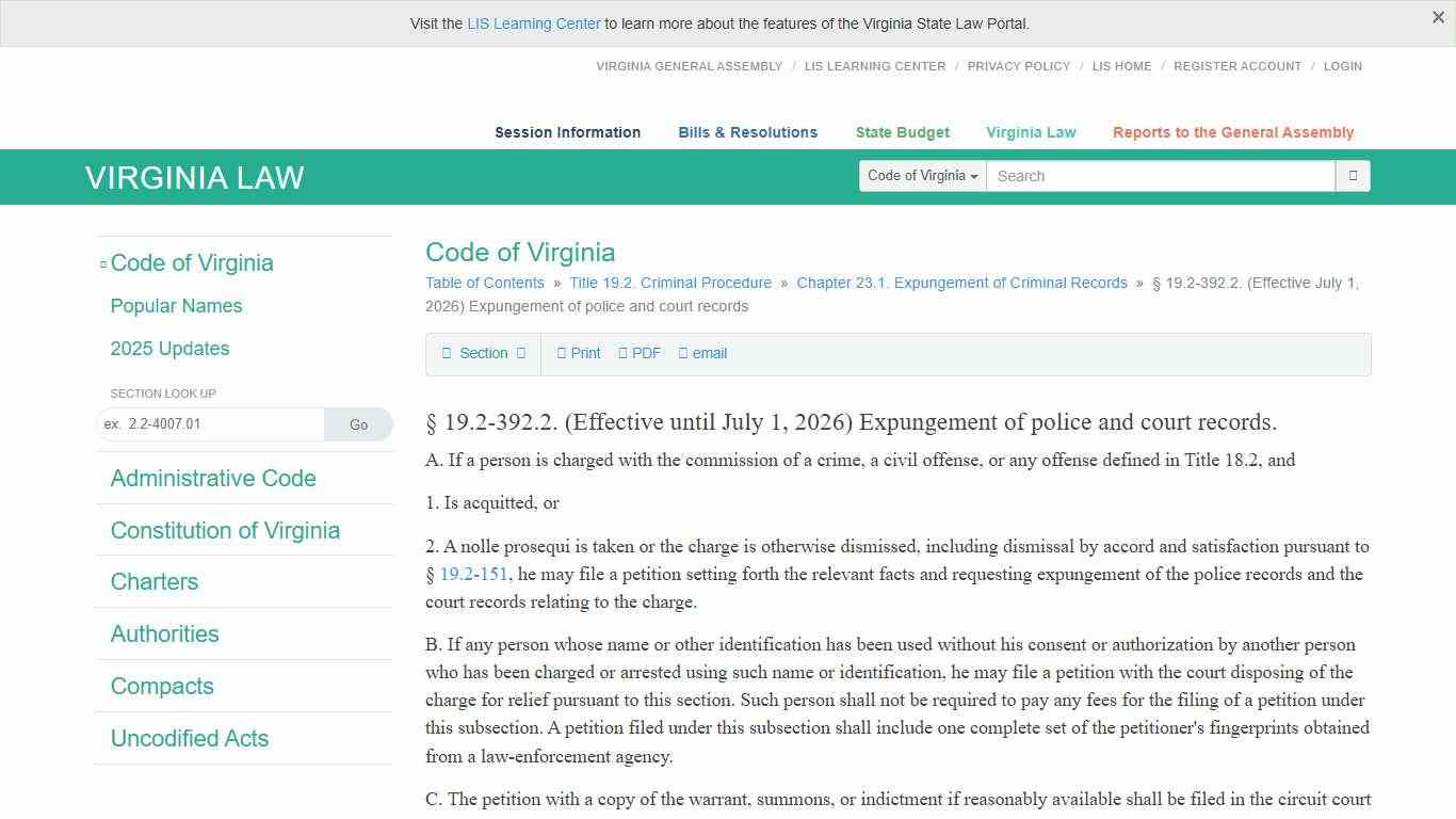 § 19.2-392.2. (Effective July 1, 2026) Expungement of police and court records