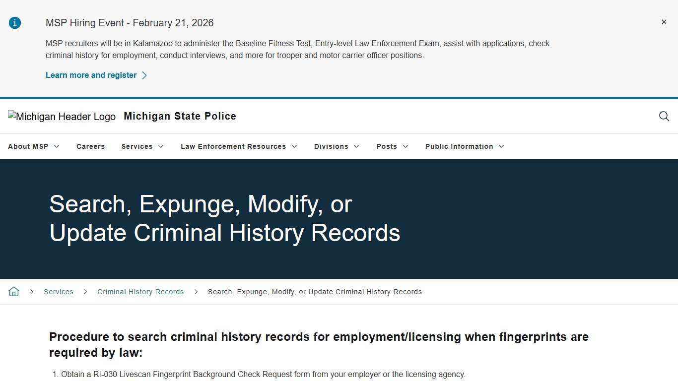 Search, Expunge, Modify, or Update Criminal History Records